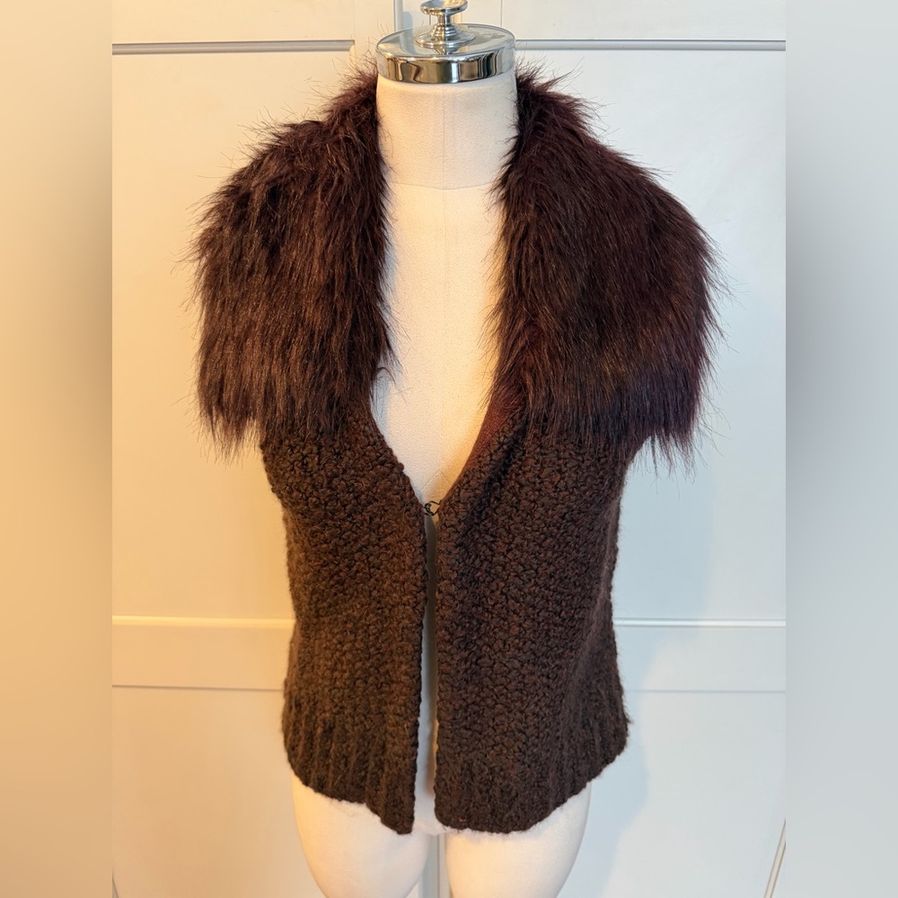 LOFT Brown V-Neck Sweater with Faux Fur Collar